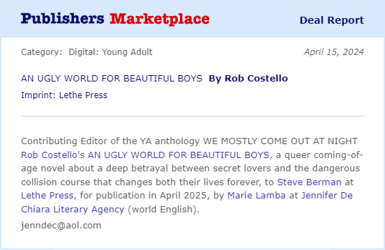 Marie Lamba (@marielamba) on Twitter photo SO excited to share this debut YA novel deal for <a href="/JDLitAgency/">The Jennifer De Chiara Literary Agency</a> client Rob Costello's amazing work AN UGLY WORLD FOR BEAUTIFUL BOYS with <a href="/lethepress/">Lethe Press</a> Huge congrats!!! SO excited to share this debut YA novel deal for <a href="/JDLitAgency/">The Jennifer De Chiara Literary Agency</a> client Rob Costello's amazing work AN UGLY WORLD FOR BEAUTIFUL BOYS with <a href="/lethepress/">Lethe Press</a> Huge congrats!!!
