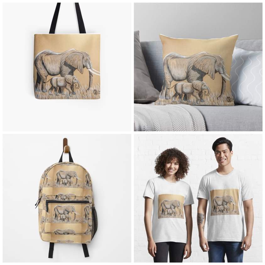 April 16th is Save the Elephant Day.  This is my painting on toned tan paper of an elephant mom being nurturing and protective of her baby with some products.  redbubble.com/shop/ap/112471…
#mattstarrfineart #artforsale #gift #giftideas #tshirts #homedecor #art #elephant #elephants