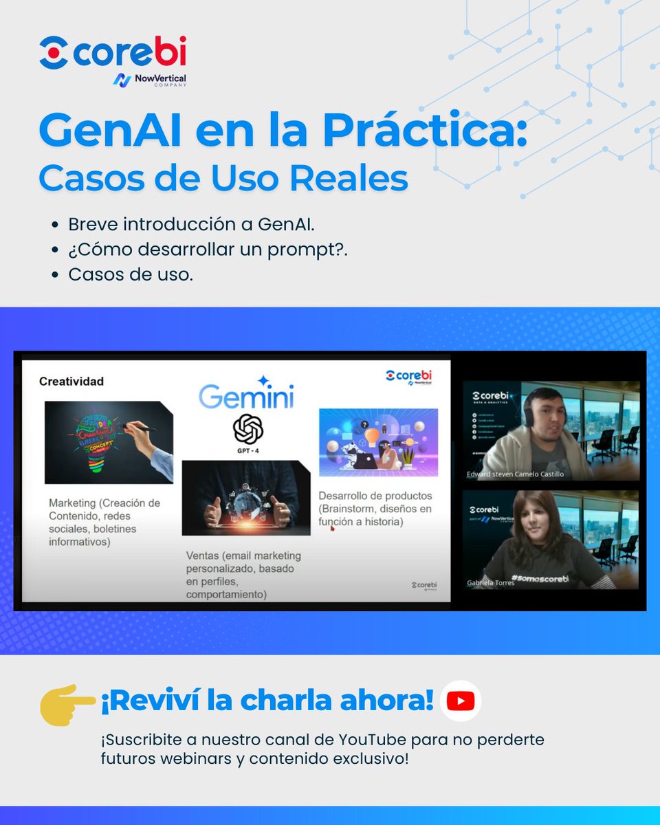 NowverticalES's tweet photo. 🚀 ¡Gracias a todos los que participaron en nuestro webinar del pasado viernes, "🤖GenAI en la Práctica: Casos de Uso Reales"! 

El video completo ya está disponible en nuestro canal de YouTube. 👉 https://t.co/qgpqBb7gM8

#CoreBI #SomosCoreBI #Analytics #NowVertical https://t.co/mSq114IqIA