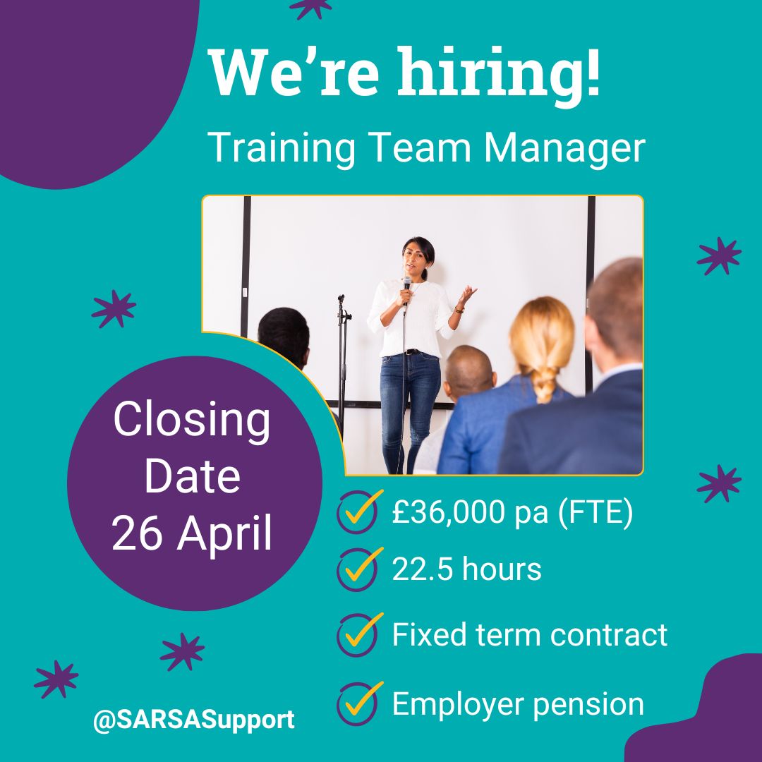 Fancy joining the SARSAS team? We're hiring a Training Team Manager to lead our training team and deliver our training and preventive programmes across voluntary sector, statutory and corporate organisations. Apply by Friday 26 April 👉 loom.ly/5nGlwL8 #CharityJobs