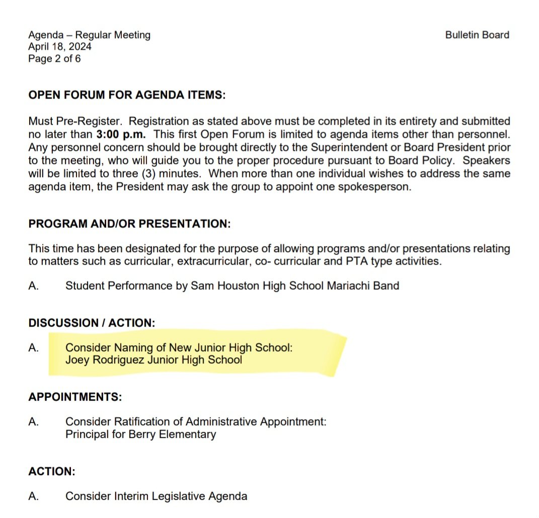 BnDesignd's tweet image. On 4/15/17, former @tascosoccer president Joey Rodriguez &amp;amp; the @SamHoustonHS ⚽️  boys were 6A UIL State runners-up after an incredible season. 7 yrs later, on 4/15/24 (2.5 yrs after losing him to COVID), Arlington ISD posts its school board agenda w/ an item to discuss Joey 💙⭐️