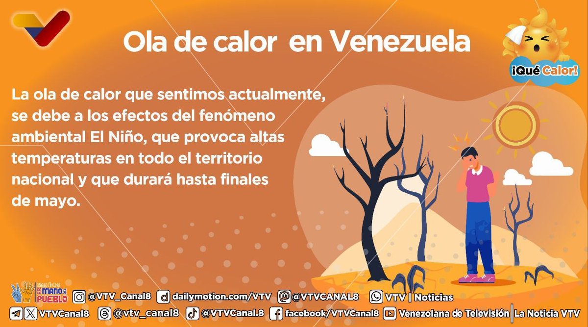 #ATENCIÓN📢| La ola de calor registrada actualmente en Venezuela se debe a los efectos del fenómeno ambiental El Niño, lo cual provoca altas temperaturas en Los Llanos, Zulia y el oriente del país con 39°, y en Caracas con 33°🌡️☀️

#QueLoSepaElMundo