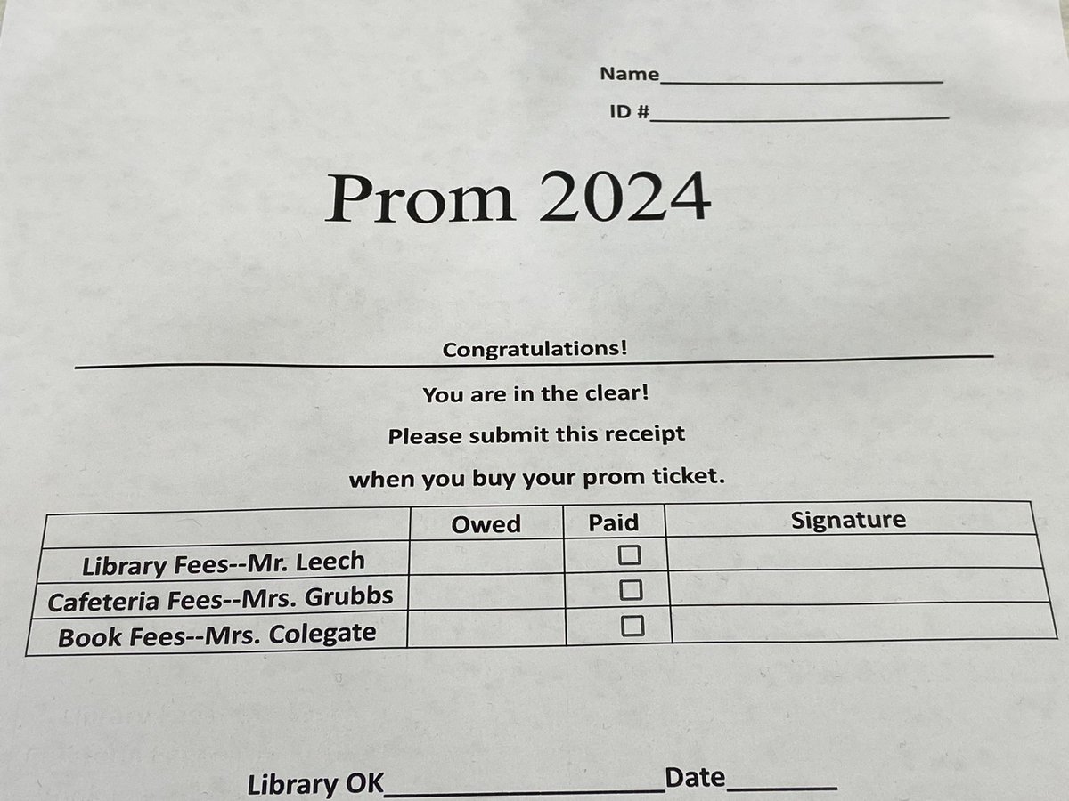 EchsLibrary's tweet photo. Prom time!  Get your library fine paid, cafeteria account caught up and book bills paid to get your prom ticket. Get signed off now to avoid the rush! https://t.co/JOX96iroGi