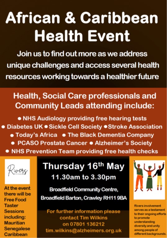 Come to get addressed on the unique challenges and access several health resources on 16 May, 11.30 to 15.30, at Broadfield Comm Centre. Contact: tim.wilkins@alzheimers.org.uk @crawleybc @Crawley_Obby @DiverseCrawley @crawley_news @alzheimerssoc @CrawleyMuseum @CrawleyCollege