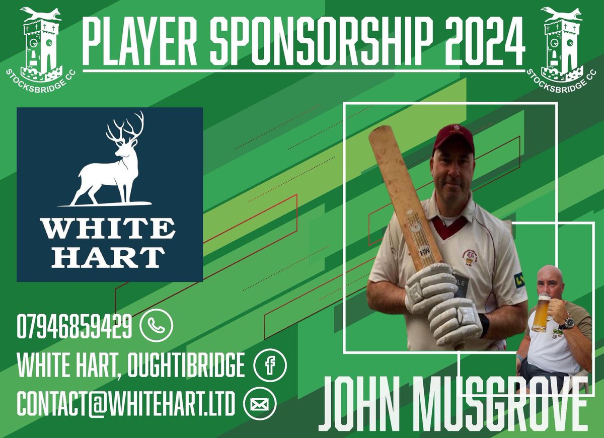 John Musgrove will be sponsored by the White Hart for 2024.

White Hart is a newly renovated pub and bar in Oughtibridge. Fantastic new menu on offer plus amazing outside space with dog friendly areas.

Thanks for your support and good luck to John his debut season!

#GreenArmy💚