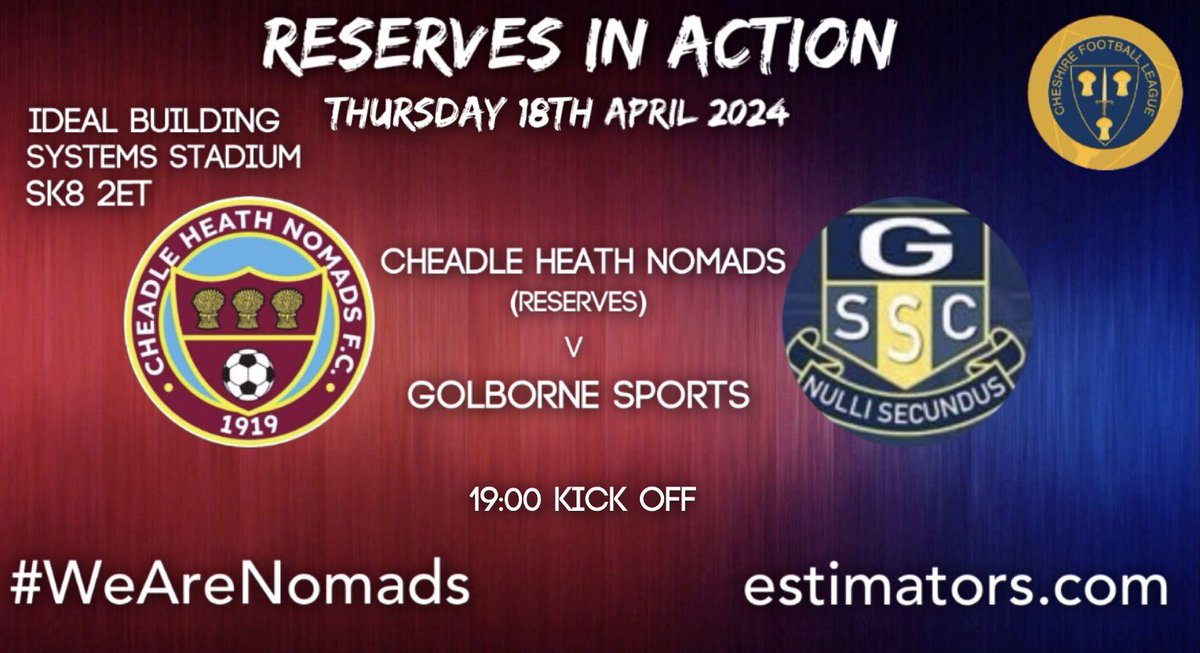 Our reserves are in @CheshireFL action this coming Thursday with the visit of @Golborne_FC #WeAreNomads