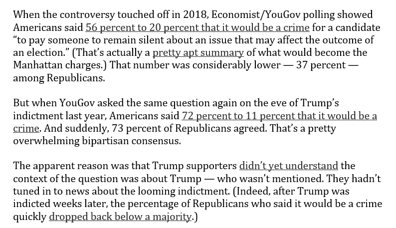 Only ~1/3 of Americans believe Trump did something illegal in the hush-money case. But when you take Trump out of it and ask about the substance of the charges -- whether it's a crime to 'to pay someone to remain silent about an issue that may affect the outcome of an election'…