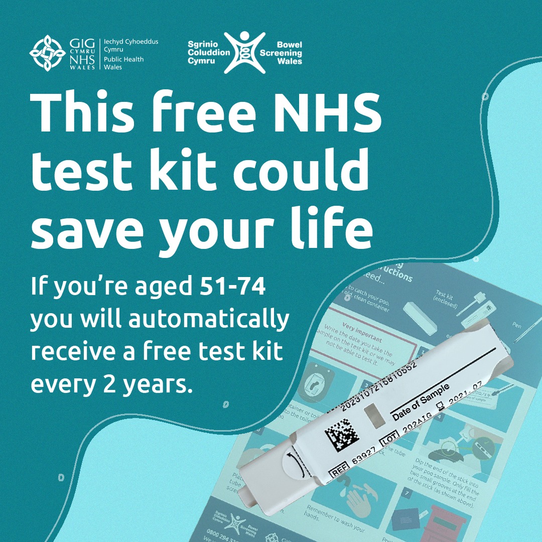 Did you know that 9 out of 10 people will survive bowel cancer if it’s found and treated early? If you live in Wales and aged between 51 and 74, you will be invited to take the test every two years. Read more here: bit.ly/44cMajL @PublicHealthW @bowelcanceruk