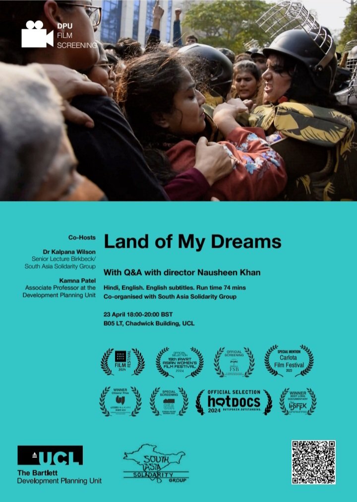 London friends, as #IndiaElections2024 begin, don't miss this brilliant new film on India's equal citizenship anti-#CAA movement, following women of #ShaheenBagh, +Q&amp;A with dir. Nausheen Khan. Organised by <a href="/SAsiaSolidarity/">SouthAsia Solidarity</a> &amp; <a href="/dpu_ucl/">The Bartlett Development Planning Unit (DPU)</a> @Kamnatweets. Register eventbrite.co.uk/e/land-of-my-d…