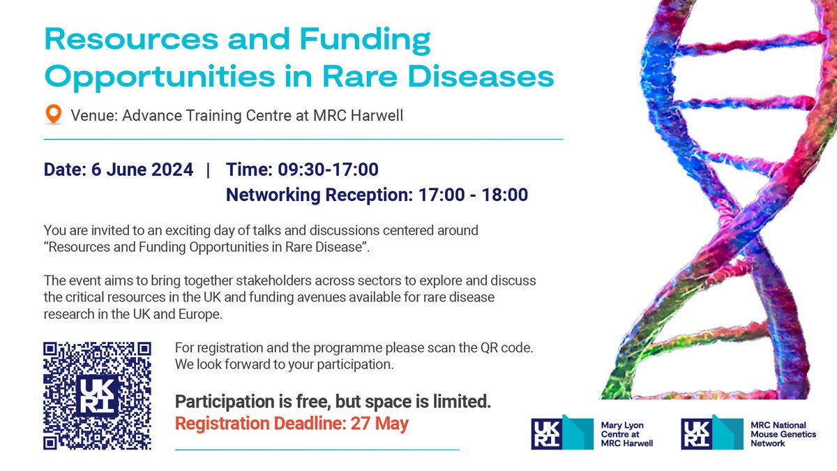 You are invited to an exciting day of talks and discussions centred around 'Resources and Funding Opportunities in Rare Disease' here at @AdvanceatMRC on 6th June. Register by 27th May: docs.google.com/forms/d/e/1FAI… #RareDiseases