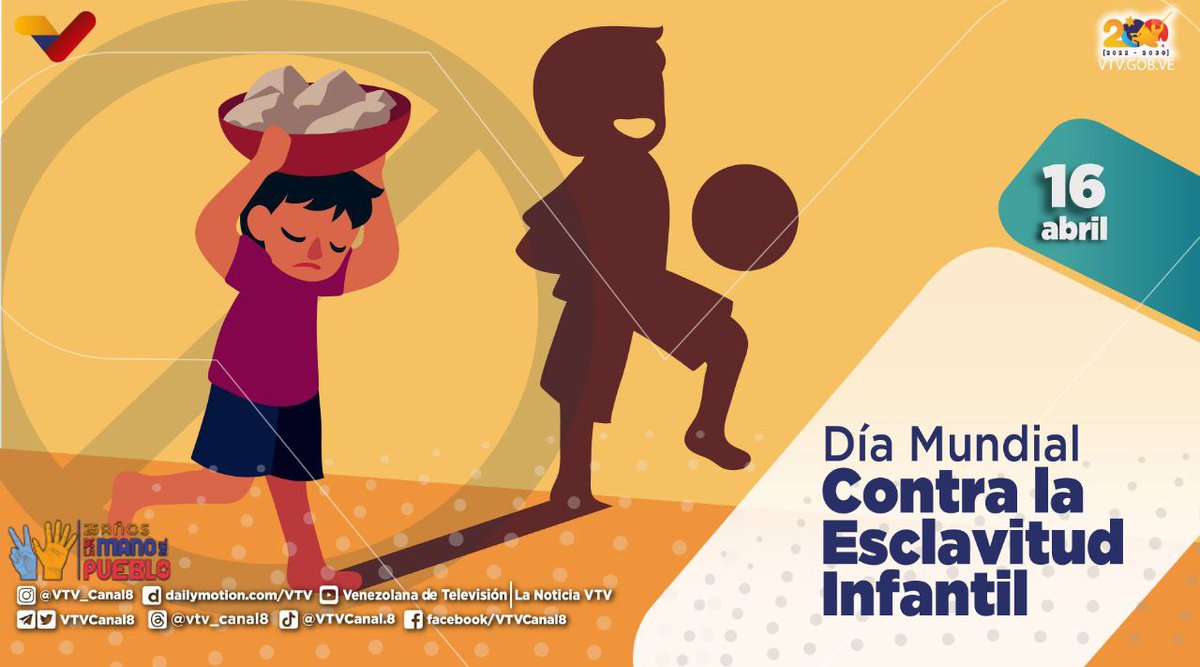 #EFEMÉRIDE🗓️| Cada #16Abr se conmemora el Día Mundial contra la Esclavitud Infantil, con el objetivo de señalar la urgencia de luchar contra ese maltrato que sufren millones de niños y niñas de todo el mundo, sometidos a diversas formas de explotación.

#QueLoSepaElMundo