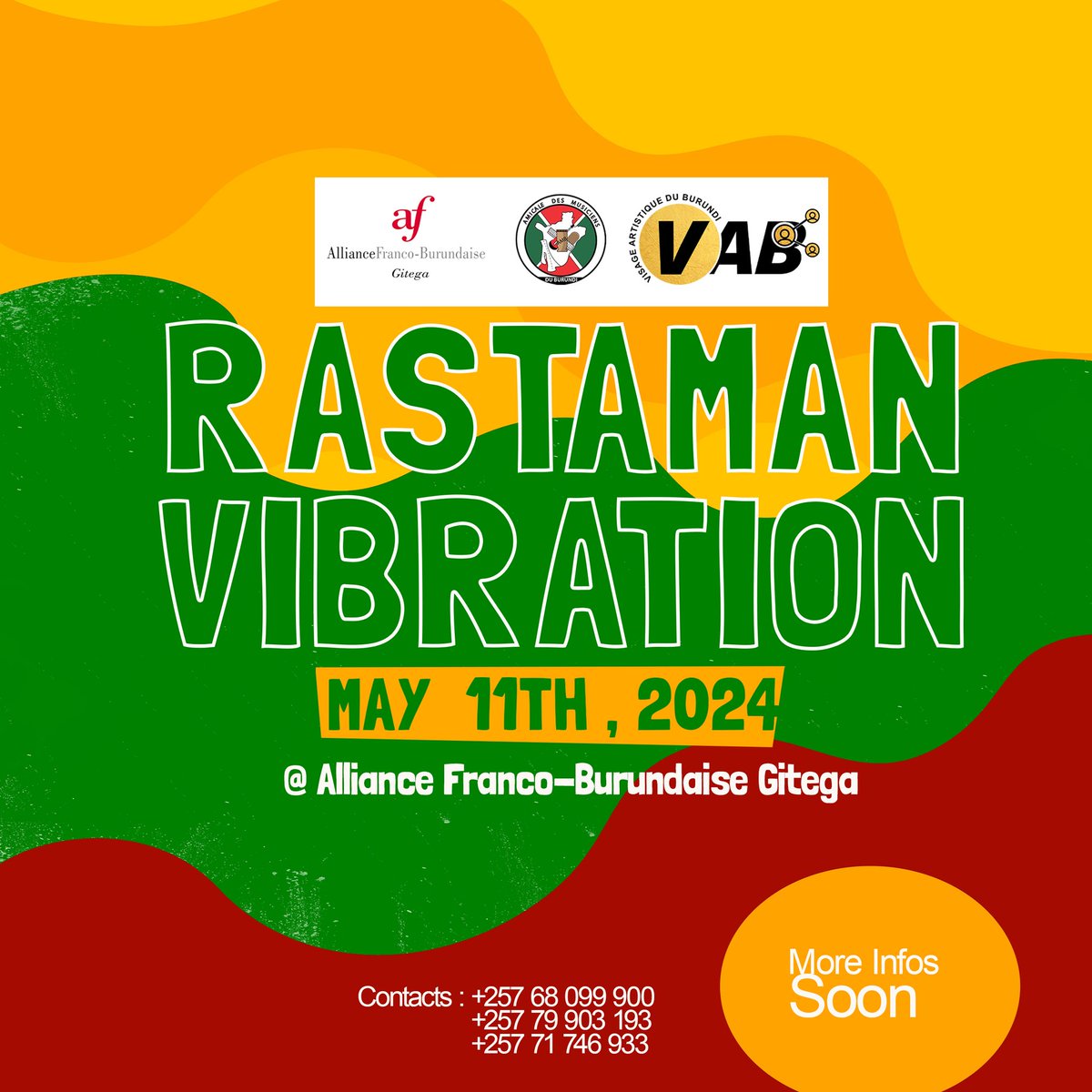 🎶 Dear Rastas,

Etes-vous prêts pour une soirée mémorable ?🌿 

📍Rejoignez-nous le #11Mai2024 à  @AfGitega  pour vibrer au rythme du reggae avec une programmation d'artistes unique en son genre! Plus de détails pour bientôt 
 #ConcertReggae #Burundi