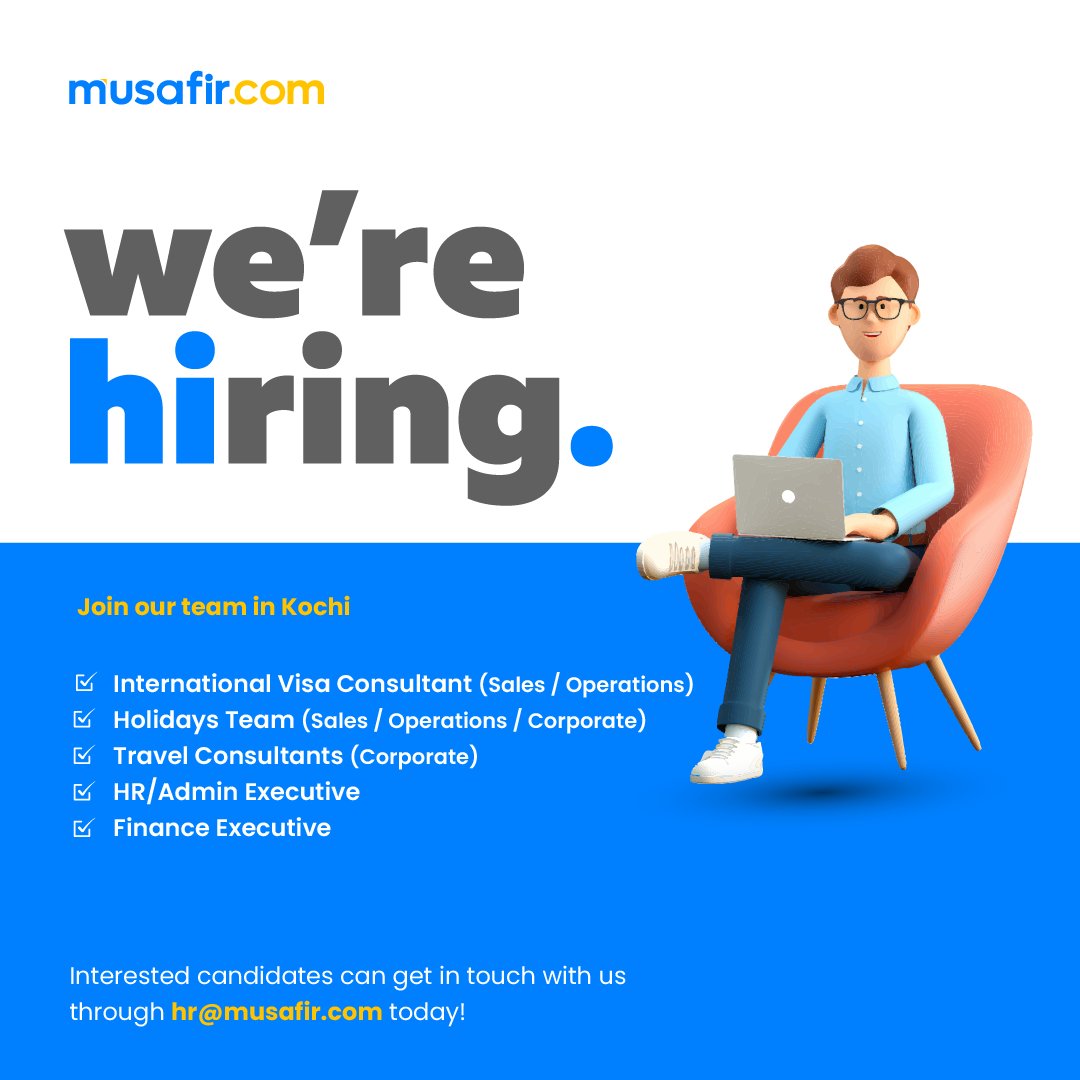 Got what it takes to manage visa applications, holiday bookings and travel queries? Then #musafirdotcom is the place for you! Drop us your resume at hr@musafir.com and we'll be in touch with you! #hiring #kochi