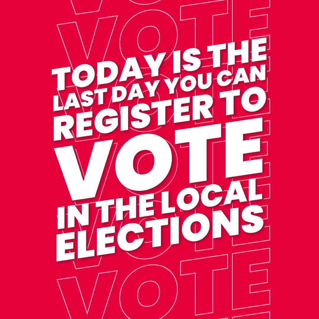 Today is the last day you can register to vote in the local elections so you can vote for your Labour candidates @claireward4em to be East Midlands Mayor and @nicollendiweni to be Derbyshire Police and Crime Commissioner Register to vote👇 gov.uk/register-to-vo…