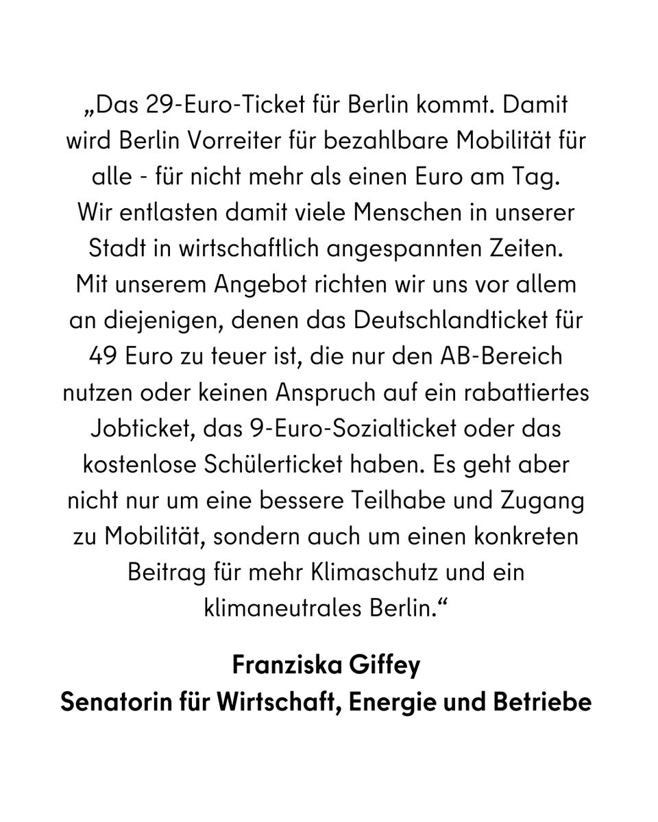 Das 29-Euro-Ticket für Berlin kommt. Der Vorverkauf startet nächste Woche. 
Dazu #BVG-Aufsichtsratsvorsitzende und Senatorin für Wirtschaft, Energie und Betriebe @FranziskaGiffey:
(1/4)