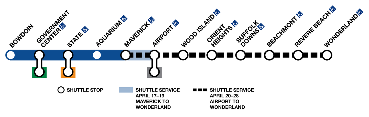 Blue Line Reminder: Service changes beginning tomorrow for track work. April 17-19: Shuttle Buses replace service between Maverick and Wonderland. April 20-28: Shuttle Buses replace service between Airport and Wonderland. Learn more at mbta.com/blueline