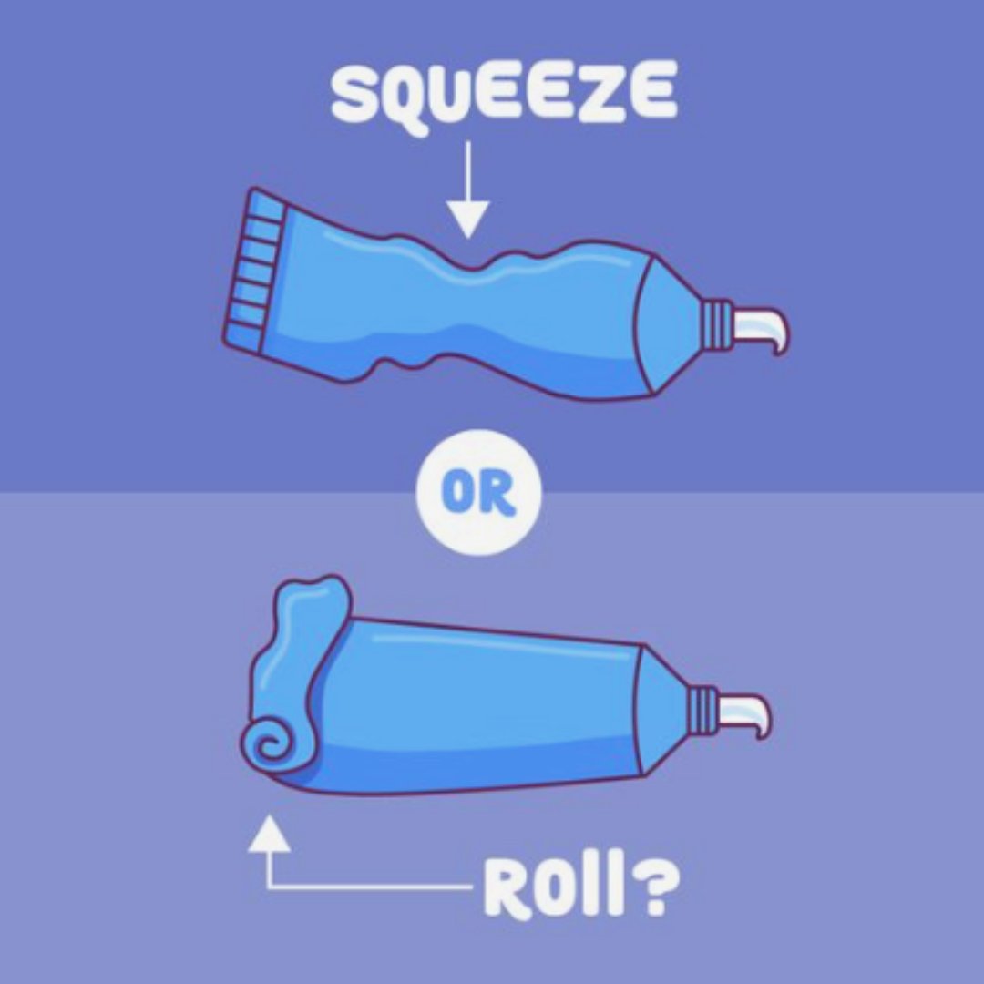 Let's settle this age-old debate! 🤔🦷 Drop your vote in the comments: Are you Team Squeeze or Team Roll when it comes to toothpaste? Let's see which side wins! 💬😄 #SqueezeVsRoll #ToothpasteDebate