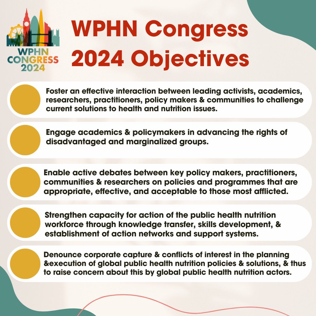 Here are some of our objectives for the WPHN congress 2024! Register & come join us to discuss if the decade of nutrition has done its work and if it’s not how can we address this issue‼️. 

#nutrition #publichealth #nutritioncongress #congress2024 #publichealthmatters #hunger