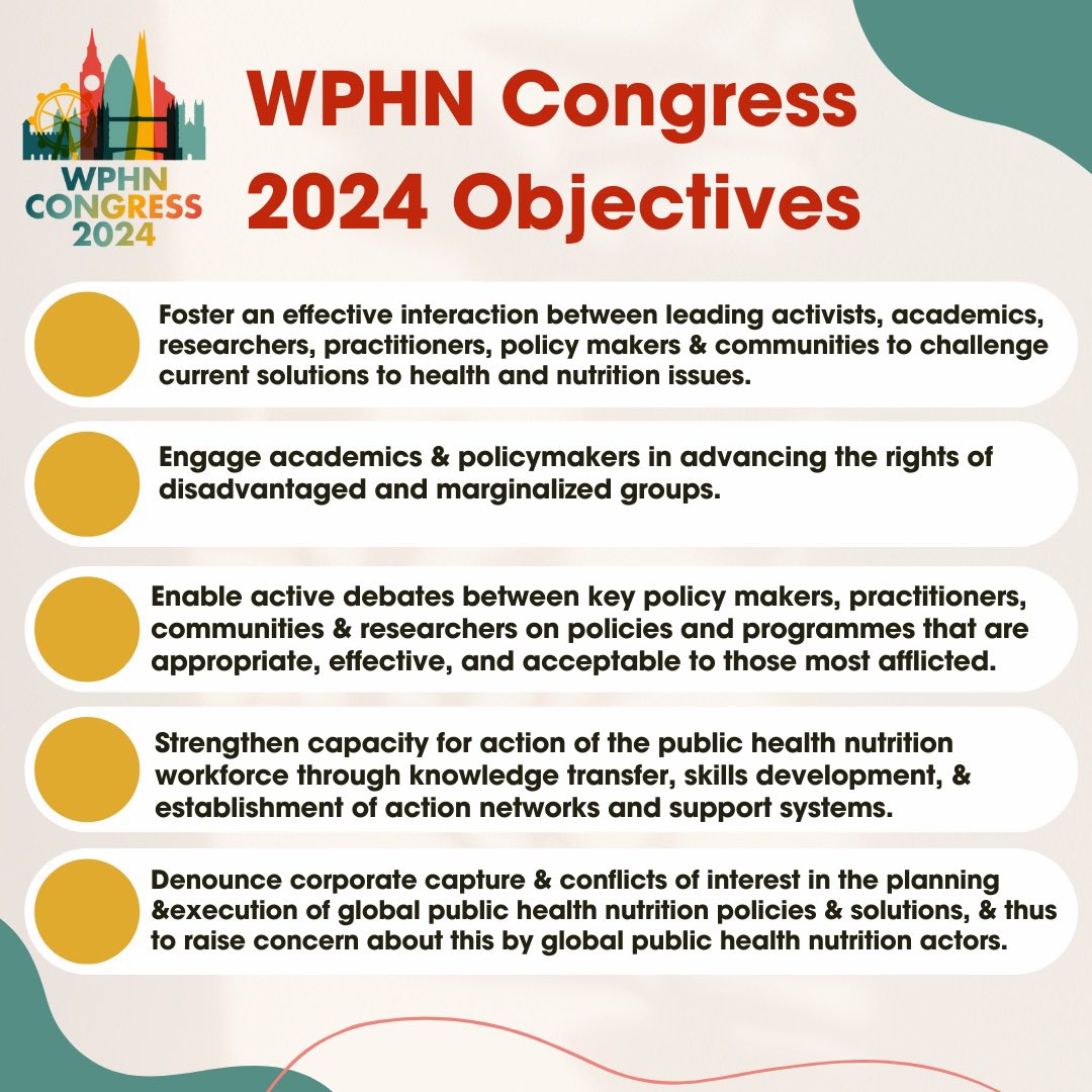 Wphncongress's tweet photo. Here are some of our objectives for the WPHN congress 2024! Register & come join us to discuss if the decade of nutrition has done its work and if it’s not how can we address this issue‼️.
#nutrition #publichealth #nutritioncongress #congress2024 #publichealthmatters #hunger https://t.co/O7GxaoEf5t