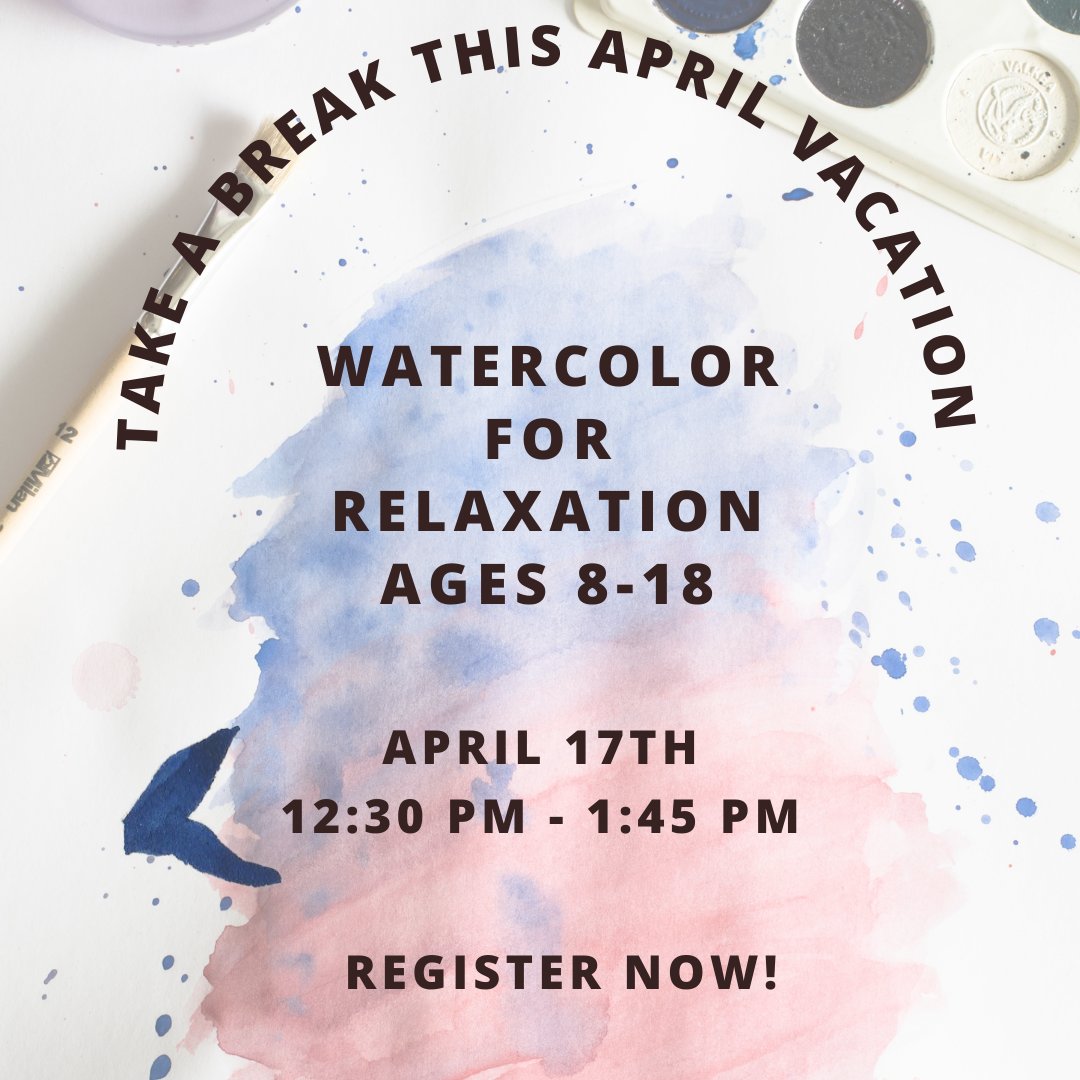 It's not too late to register! Experiment with watercolor as Jak takes you on a relaxation journey through art.  Jak will provide the materials and instruction to just relax and let the stress melt away as the paint flows onto the page. …pkintonlibrary.assabetinteractive.com/calendar/water…