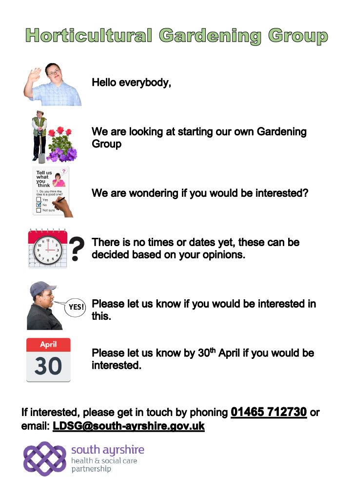 Our Learning Disability Team are looking at starting a new social group for those interested in gardening. 🌻🌼 We want to hear if this is something you might be interested in. Share your thoughts with the team by getting in touch: 📱 01465 712 730 🖱️ LDSG@south-ayrshire.gov.uk