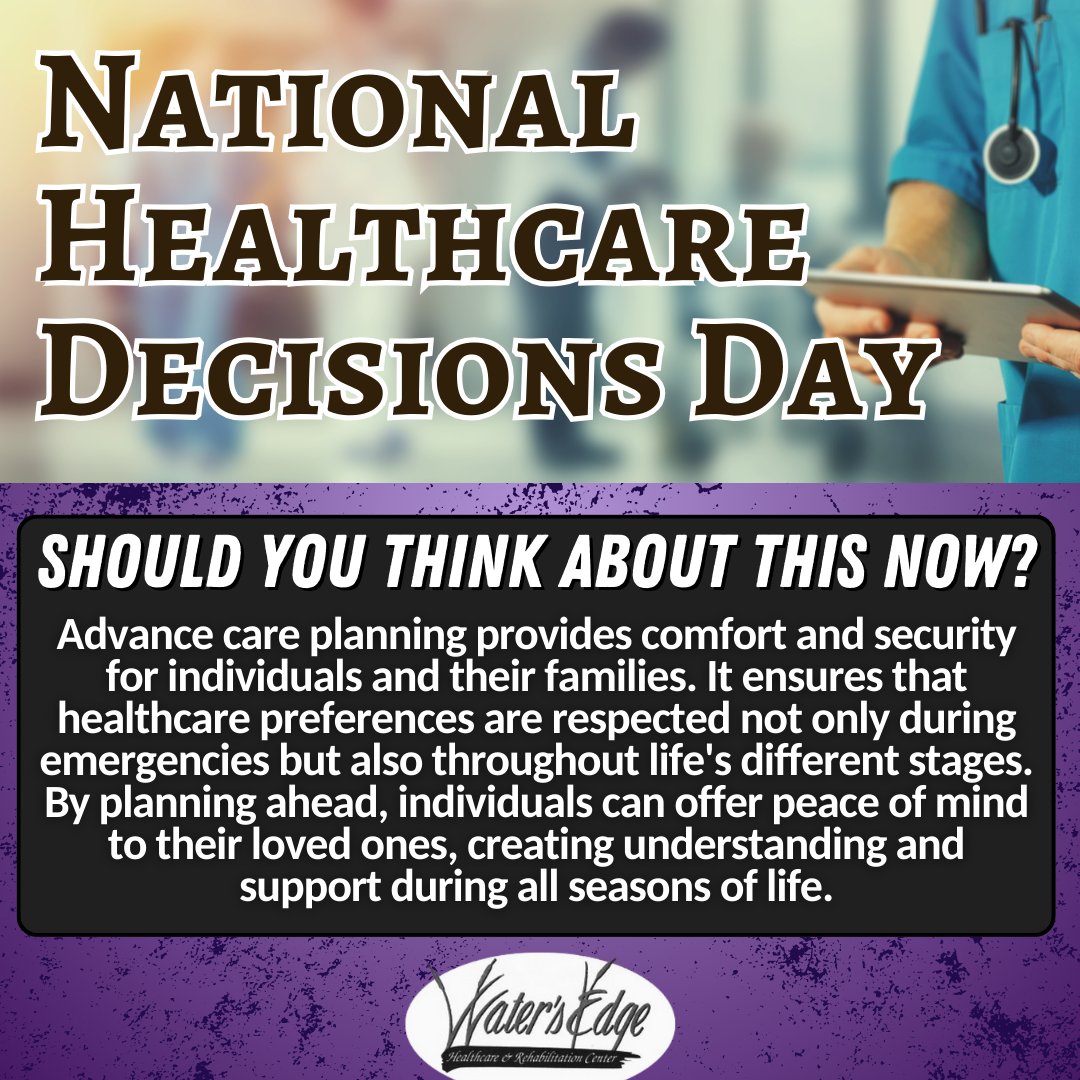 Watersedge_epic's tweet photo. Join us in recognizing National Healthcare Decisions Day! It's never too early to plan for your healthcare future. Start the conversation today. 💬 #NHDD #HealthcarePlanning https://t.co/t1PTCHBP8z