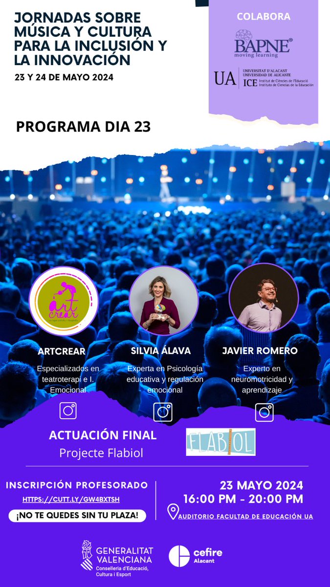 Cuidarme para cuidar: el #autocuidado del #docente. En las jornadas sobre #música y #cultura para la #innovación y la #inclusión
📆 23 Y 24 MAYO 2024
⏰16:00 PM - 20:00 PM
📭 AUDITORIO FACULTAD DE EDUCACIÓN UA

Más info en 👉 silviaalava.com/cuidarme-para-…

<a href="/Bapneofficial/">BAPNE</a>