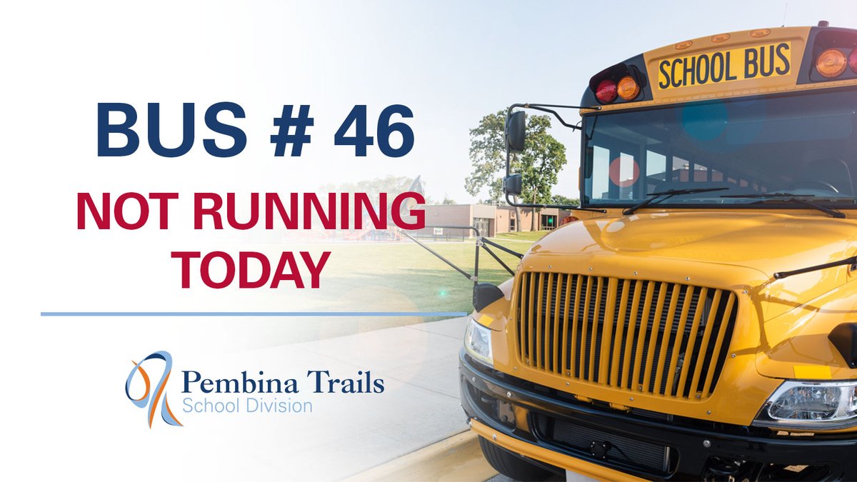 Pembina Trails SD (@pembinatrails) on Twitter photo Attention all families <a href="/FRCCenturions/">FRC Centurions</a> and <a href="/PSschoolshines/">Prairie Sunrise School</a>
that use bus #46:
Bus #46 will not be running today (Tue Apr 16).
We apologize for this inconvenience. Attention all families <a href="/FRCCenturions/">FRC Centurions</a> and <a href="/PSschoolshines/">Prairie Sunrise School</a>
that use bus #46:
Bus #46 will not be running today (Tue Apr 16).
We apologize for this inconvenience.