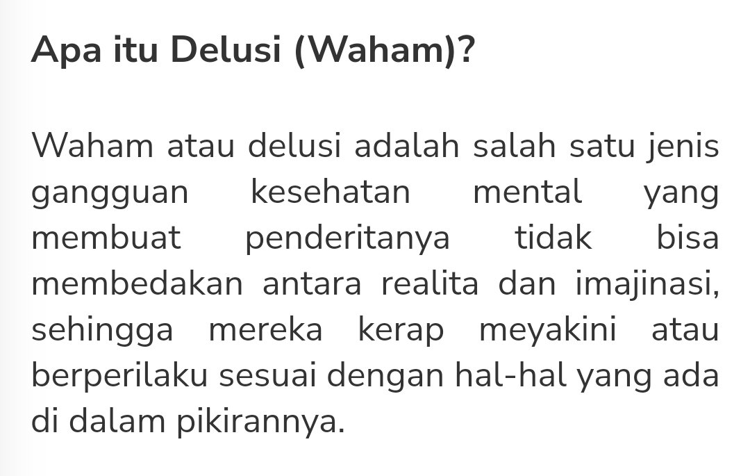 ▪️Tentang Waham▪️ Kalo ga salah, dlm ilmu psikologi ada istilah waham/delusi. Yakni, seseorang yg memiliki keyakinan yg KUAT thdp hal2 yg TIDAK SESUAI dg kenyataan. Misalnya yg lagi rame: Keyakinan bhw drone2 #Syiah telah meluluhlantakkan Tel Aviv! Sekedar permisalan. #IYKYK