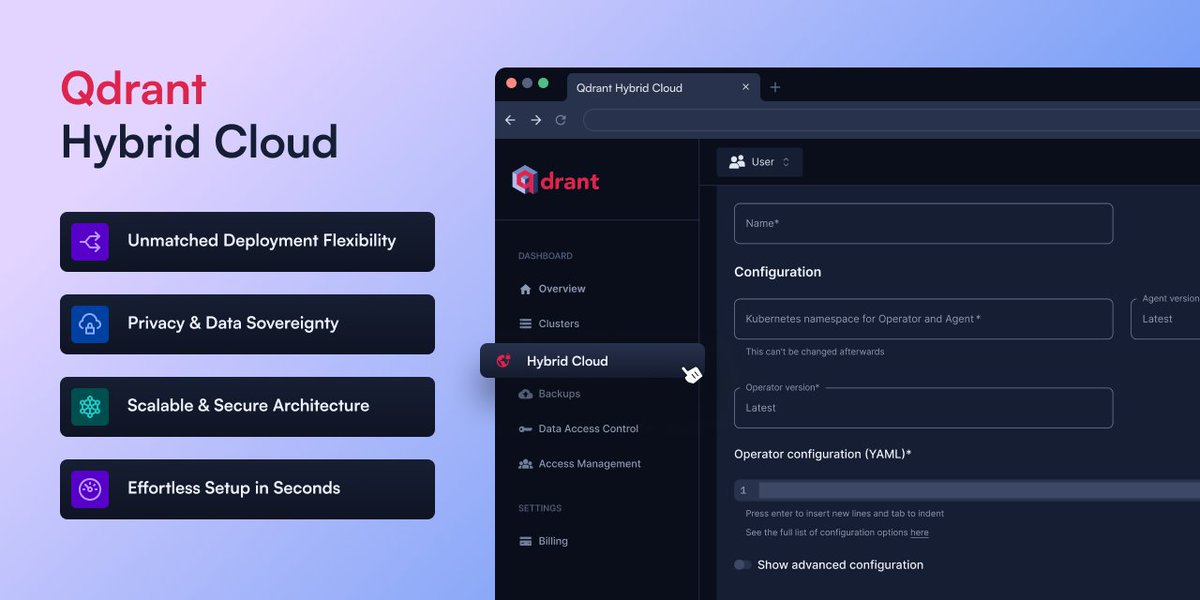 qdrant_engine's tweet photo. We’re excited to announce the launch of Qdrant Hybrid Cloud, the first-ever managed vector database you can deploy anywhere—cloud, on-premise, or edge— designed for true deployment flexibility, data sovereignty, privacy, and control.

Why is this big? 🚀 

Deployment flexibility and data sovereignty are critical as the industry moves from prototyping to deploying production-ready AI applications. 

Easy integration with existing systems complements these advantages, streamlining development and operations.

Key benefits of the Hybrid Cloud:
✔️ Deploy Anywhere: Deploy Qdrant in any environment of choice with our Kubernetes-native design.
✔️ Full Data Sovereignty: Enjoy privacy control with decoupled data and control planes with complete database isolation.
✔️ Fully Managed: Enjoy the benefits of a managed vector database within your own environment.
✔️ Effortless Setup: One-line installation by simply adding your environment to your Qdrant Cloud account.

Thank you to our trusted launch partners for their collaboration:
@OracleCloud, @RedHat, @Vultr, @OVHcloud, @Scaleway, @DigitalOcean, STACKIT, @llama_index, @langchain, @AirbyteHQ, @CivoCloud, @JinaAI_, @Aleph__Alpha, @Haystack_AI by @deepset_ai.