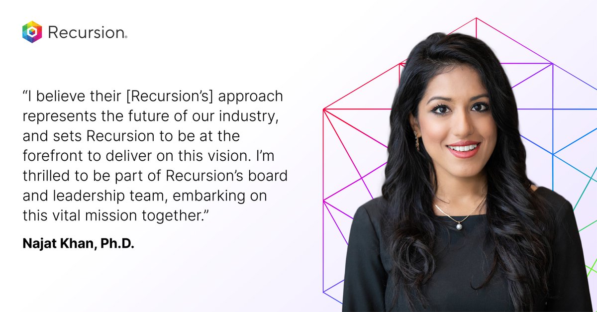RecursionPharma's tweet photo. ๐ฃWe're thrilled to welcome Najat Khan as our new Chief R&D Officer and Chief Commercial Officer, joining our Board of Directors! Najat has built incredible value from her time at @JNJInnovation & we are excited to welcome her as our newest #Recursionaut: https://t.co/JBFFYHwgbJ https://t.co/PCyFwOu6Dt