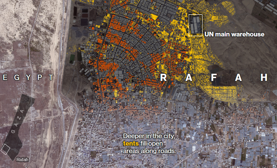 A look at how #Rafah has changed after six months of war. More than half Gaza’s population of ~2.3m has been pushed into the city. Israeli strikes have damaged about 32% of its buildings. @BBGVisualData bloomberg.com/graphics/2024-…… @k3blu3 @Jeremy_CF_Lin @cow_portal