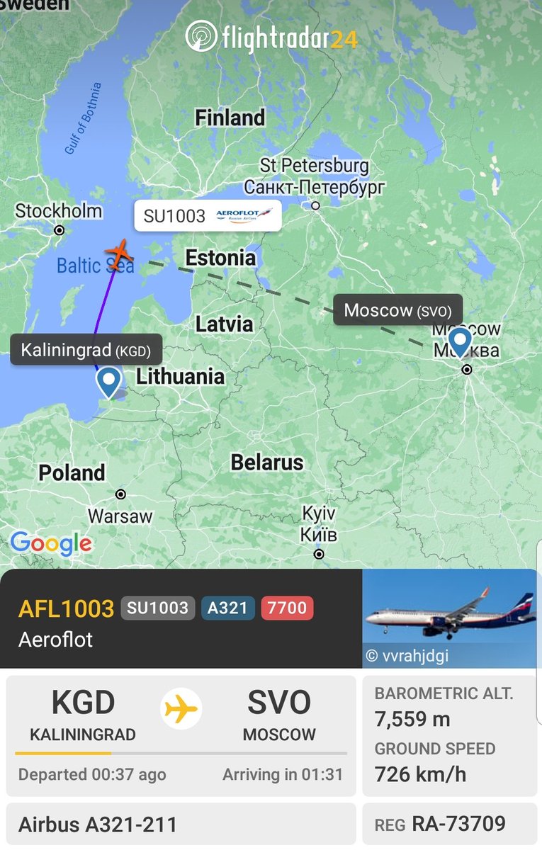 b737m's tweet image. 🚨🚨🚨 #Emergency_Landing
#Squawk alert 7700
#Aeroflot
AFL1003 / SU1003
#Airbus A321-211
Reg: RA-73709
From #Kaliningrad 🇷🇺 to #Moscow 🇷🇺

.