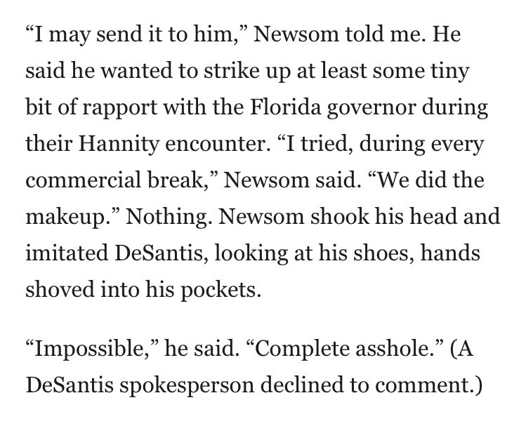 Newsom on DeSantis, backstage. From @MarkLeibovich’s XCLNT new profile in @TheAtlantic: theatlantic.com/politics/archi…