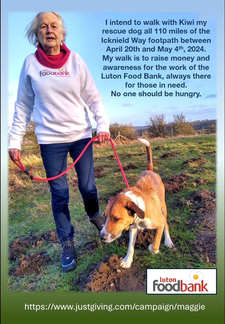 Foodbank supporter Maggie will start her next epic fundraising walk this week. She and her dog Kiwi will do the Icknield Way to raise awareness and funds. Please share and support Maggie. justgiving.com/campaign/maggie