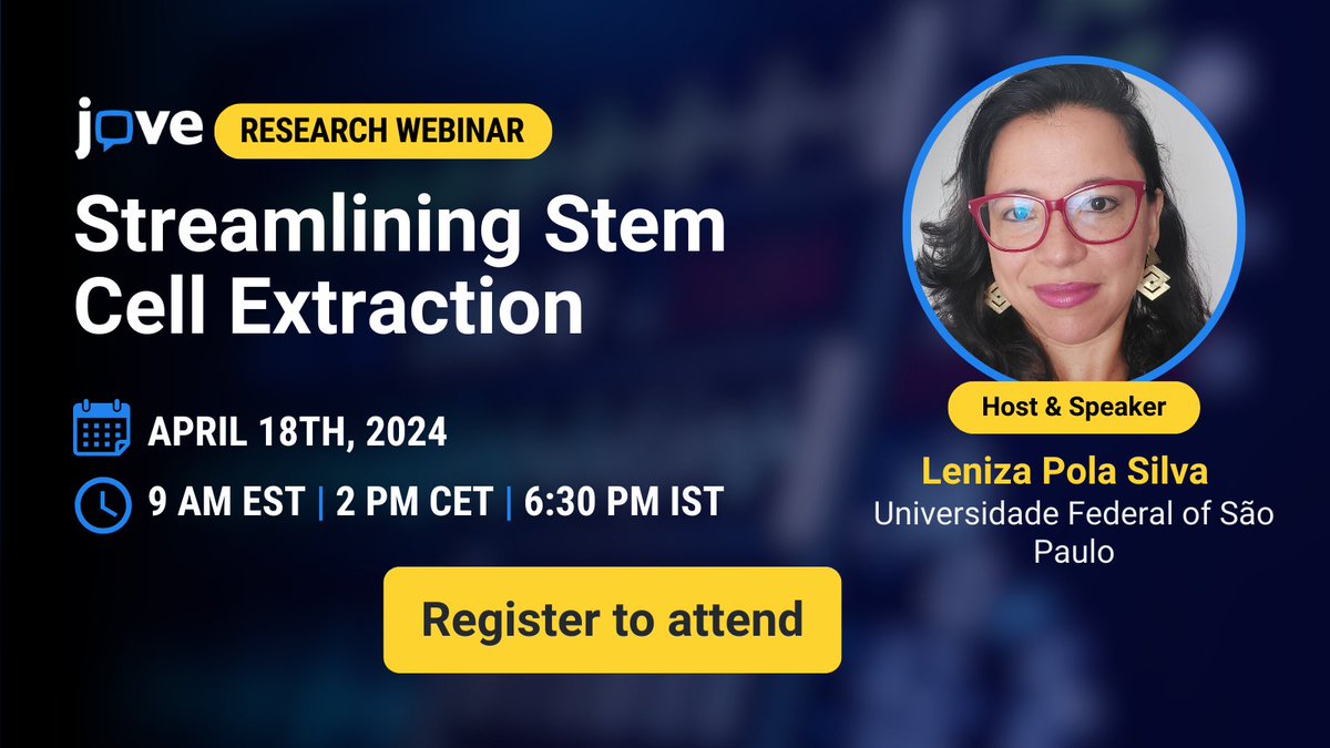 Does your study involve obtaining Adipose-Derived Stem Cells (ADSC)? Join the upcoming JoVE webinar on “Streamlining Stem Cell Extraction” hosted by Leniza Pola Silva from Universidade Federal of São Paulo. Register here: hubs.ly/Q02sZ-9X0 #JoVEwebinar #stemcell