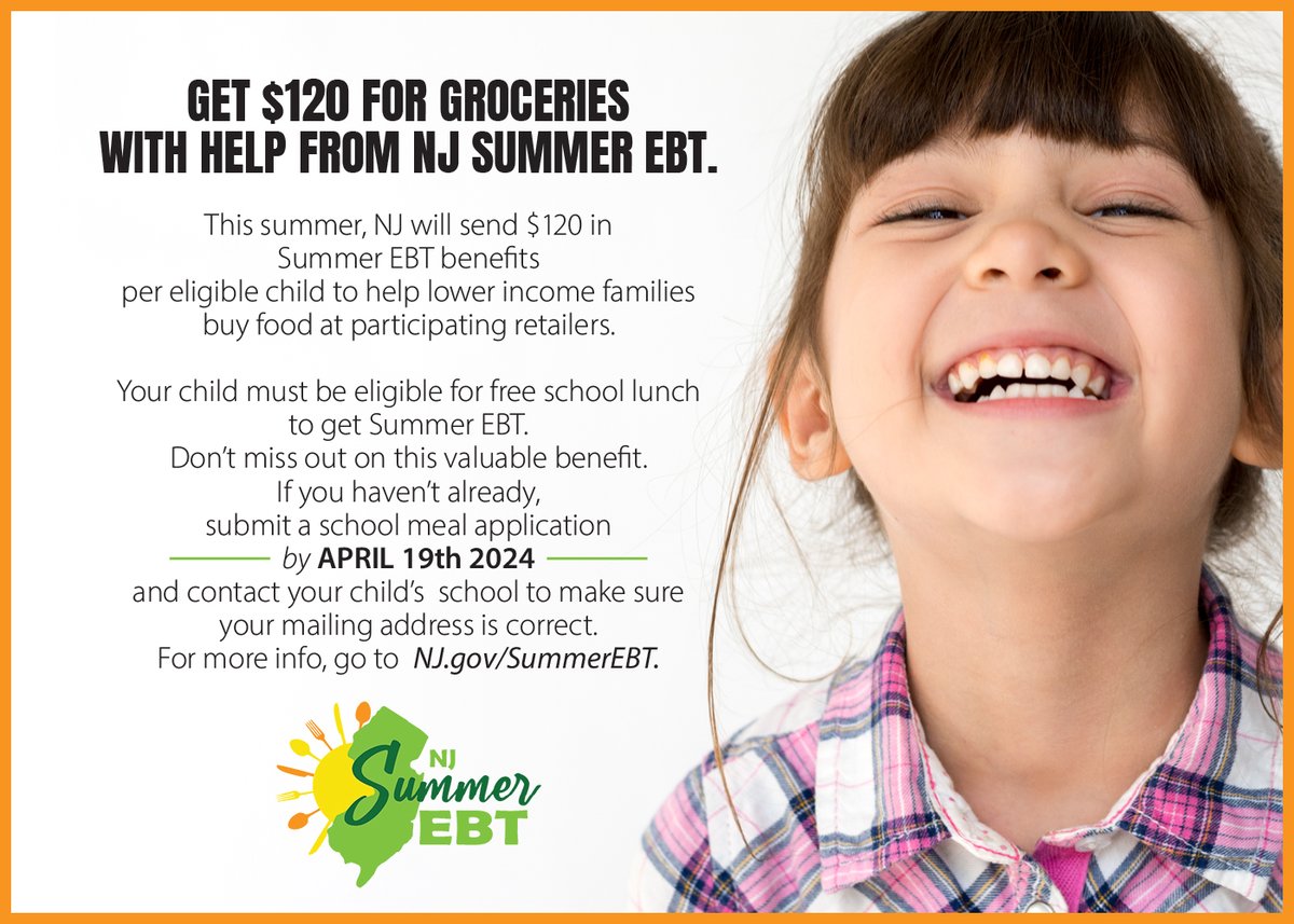 This summer NJ is participating in the NEW Summer EBT program, which will help reduce child hunger by providing benefits to families with eligible school-age children for groceries. Learn more about eligibility here: bit.ly/3Jjl0xL