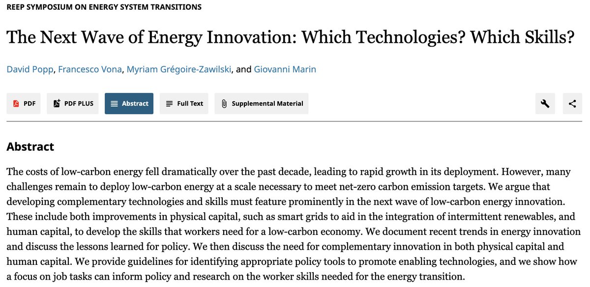 🆕 New article in <a href="/ReepAere/">Review of Environmental Economics and Policy</a>, part of The Coming Energy Transition symposium:

"The Next Wave of Energy Innovation: Which Technologies? Which Skills?" by David Popp, Francesco Vona, Myriam Grégoire-Zawilski, and Giovanni Marin (<a href="/giovamarin/">Giovanni Marin</a>)

Read it here: journals.uchicago.edu/doi/10.1086/72…