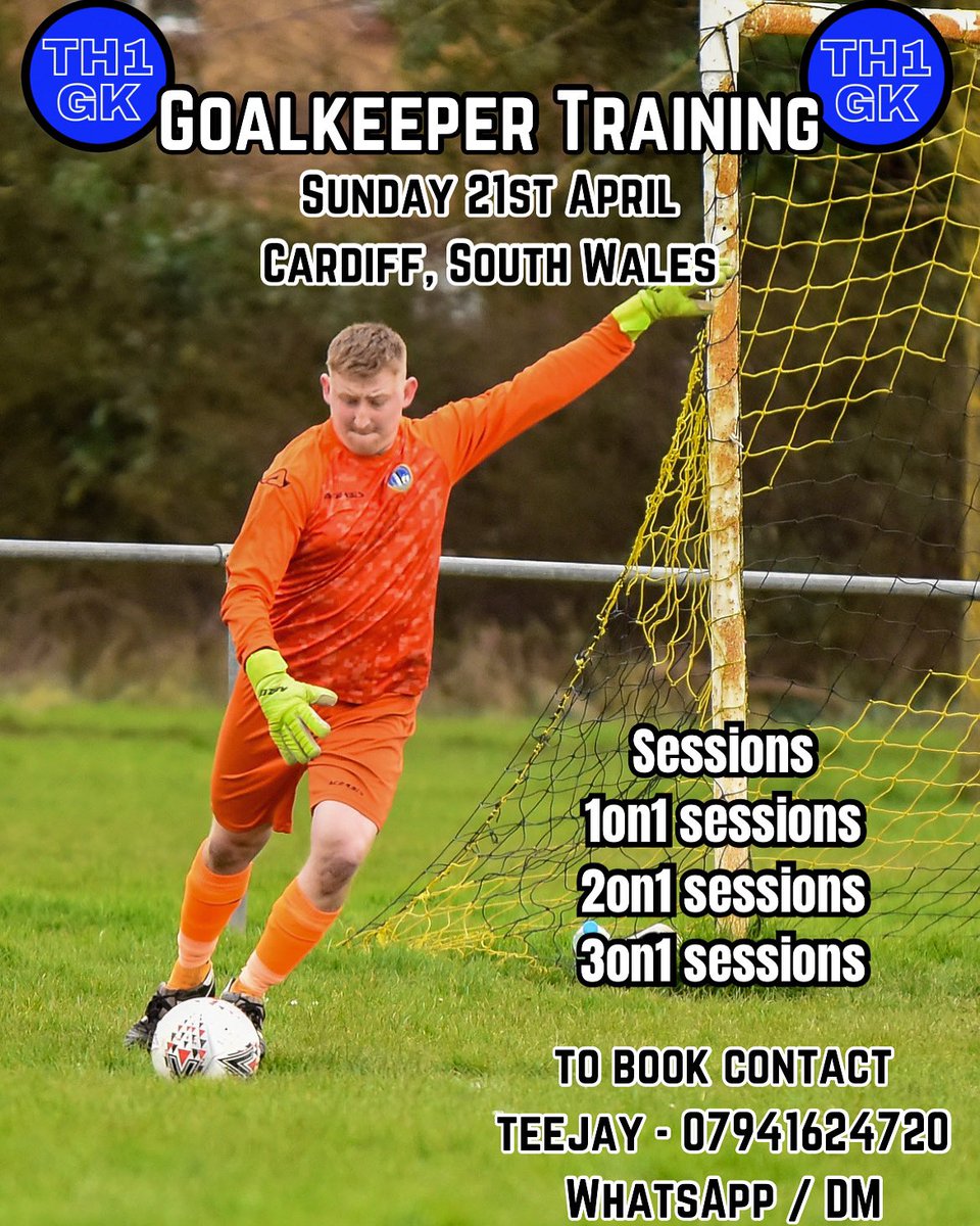 Goalkeeper Training!
Sessions for this Sunday 21st April! 🧤
1on1, 2on1 &amp; 3on1/small group sessions⚽️
For more information get intouch📱
Cardiff, South Wales 🏴󠁧󠁢󠁷󠁬󠁳󠁿