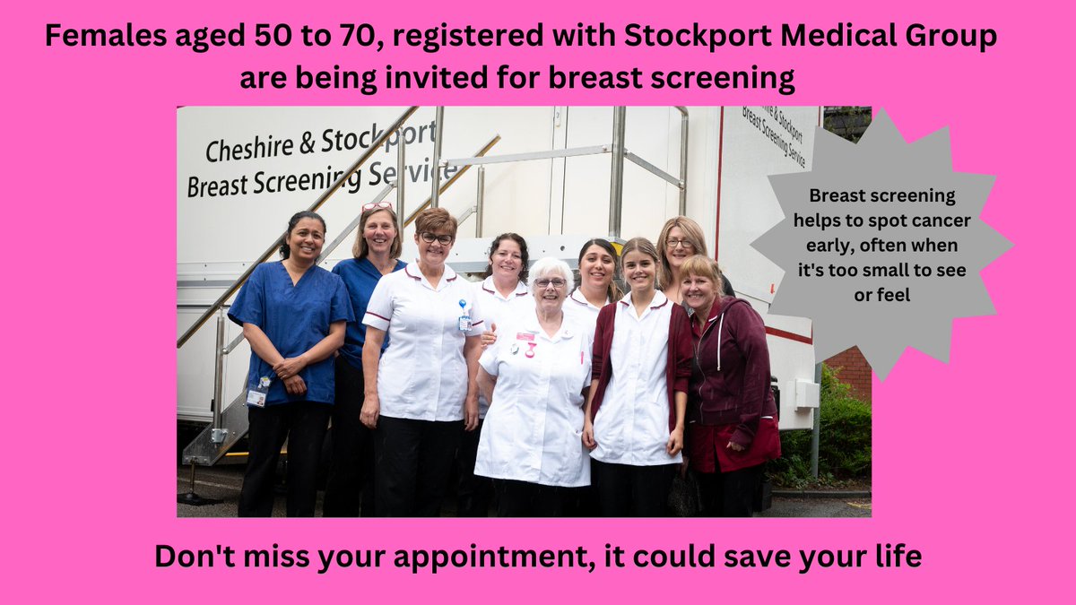Invitations for breast screening are being sent out by letter to females aged 50 to 70, registered with Stockport Medical Group. Don’t miss your appointment, it could save your life. Find out more about breast screening orlo.uk/WLjYg