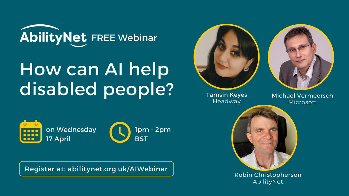 Join us tomorrow at 1pm BST for a dynamic discussion on 'How can AI help disabled people?' Our webinar features insightful talks from Robin Christopherson, Michael Vermeersch, and Tamsin Keyes. Discover how AI is revolutionising accessibility! Register: abilitynet-org-uk.zoom.us/webinar/regist…