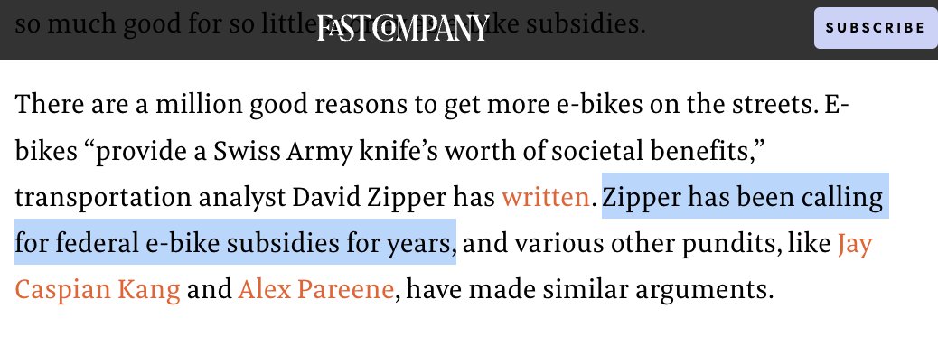 Yes, because it's absurd that Congress offers $1000s off an electric SUV, but nothing to promote e-bikes that are greener and more space-efficient -- and also far less likely to kill you on the street. fastcompany.com/91092410/color…