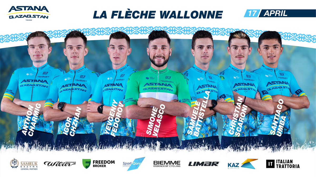 🇧🇪 ROSTER: @flechewallonne @samu_batti @simovelasco @AnthonCharmig @IgorChzhan Christian Scaroni Yevgeniy Fedorov Santiago Umba #FlecheWallonne #AstanaQazaqstanTeam