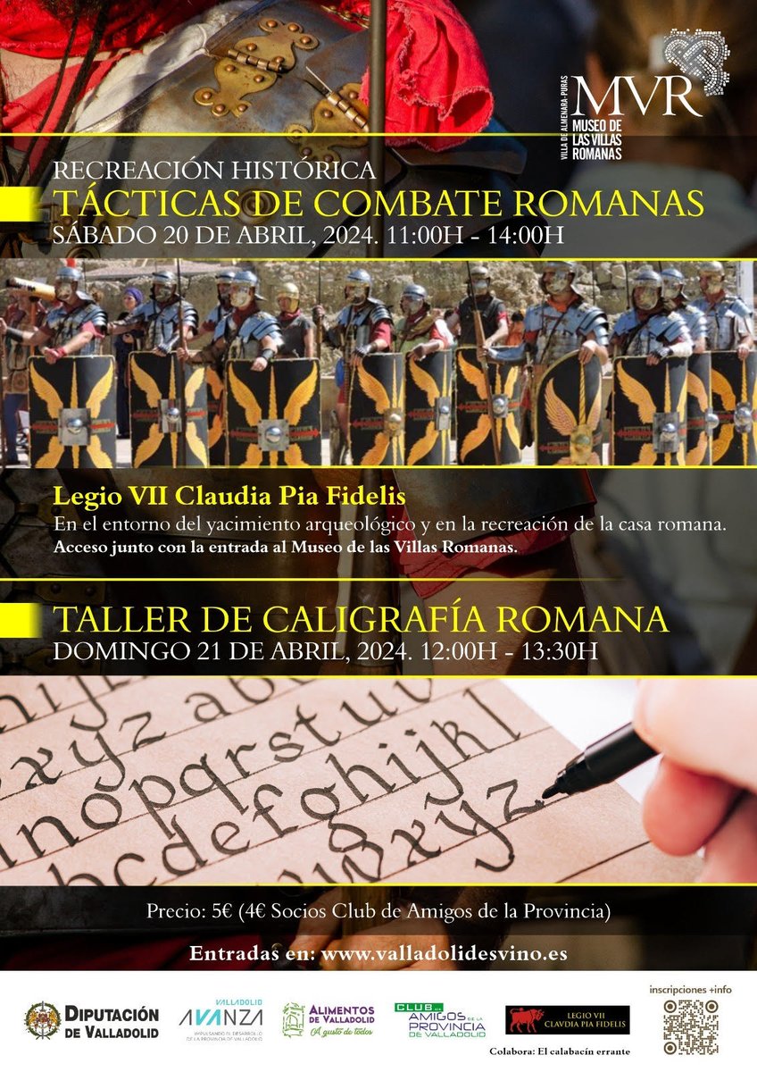 📢 El Museo de las Villas Romanas prepara una jornada que te llevará al pasado con: ✍️ El Taller de Caligrafía Romana. ➡️ La Recreación histórica de Tácticas de Combate Romano. 🗓️ 20 y 21 de abril. ♾ valladolidesvino.es ¡No te lo puedes perder!