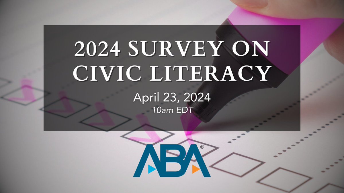 #WeeklyPresidentialSpotlight: Let's take democracy's pulse! Join @ABAEsq's panel April 23, 10 am ET w/@ABAPresident @JudyWoodruff @judgeluttig @dsallentess @amandacarpenter to delve into our 6th Annual Civic Literacy Survey. Apr 23, 10am ET bit.ly/3IUuL5j 
#LawDay #ABA