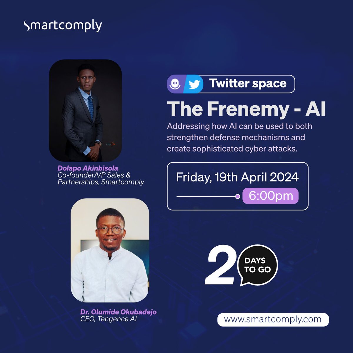 Only 2 days left! 

Join us for a dynamic discussion on 'The Frenemy - AI' this Friday, April 19th, 6:00pm. 

Click the link to join: twitter.com/i/spaces/1gqGv…

Don't miss out! 

#AI #Cybersecurity #TwitterSpaces #Smartcomply