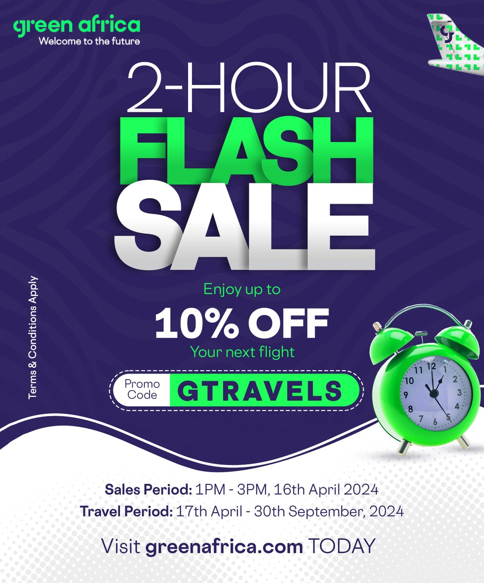 Enjoy 10% OFF your next flight with us. Flash Sale lasts from 1pm - 3pm today. Only on greenafrica.com #GreenAfrica #FlashSale