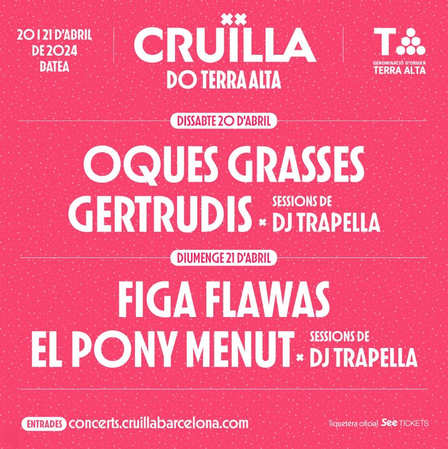 Els pròxims 20 i 21 d’abril ens retrobarem al Camp de Futbol de Batea per degustar els millors vins de la <a href="/doterraalta/">CRDO Terra Alta</a> 🍷
<a href="/OquesGrasses/">Oques Grasses</a> , <a href="/figaflawas/">Figa Flawas</a> , <a href="/gertrudisband/">Gertrudis</a> , <a href="/_elPonyPisador/">Quique Bernal</a> .yarr Menut i @djtrapella són els protagonistes de la segona edició del Cruïlla DOTerra Alta!