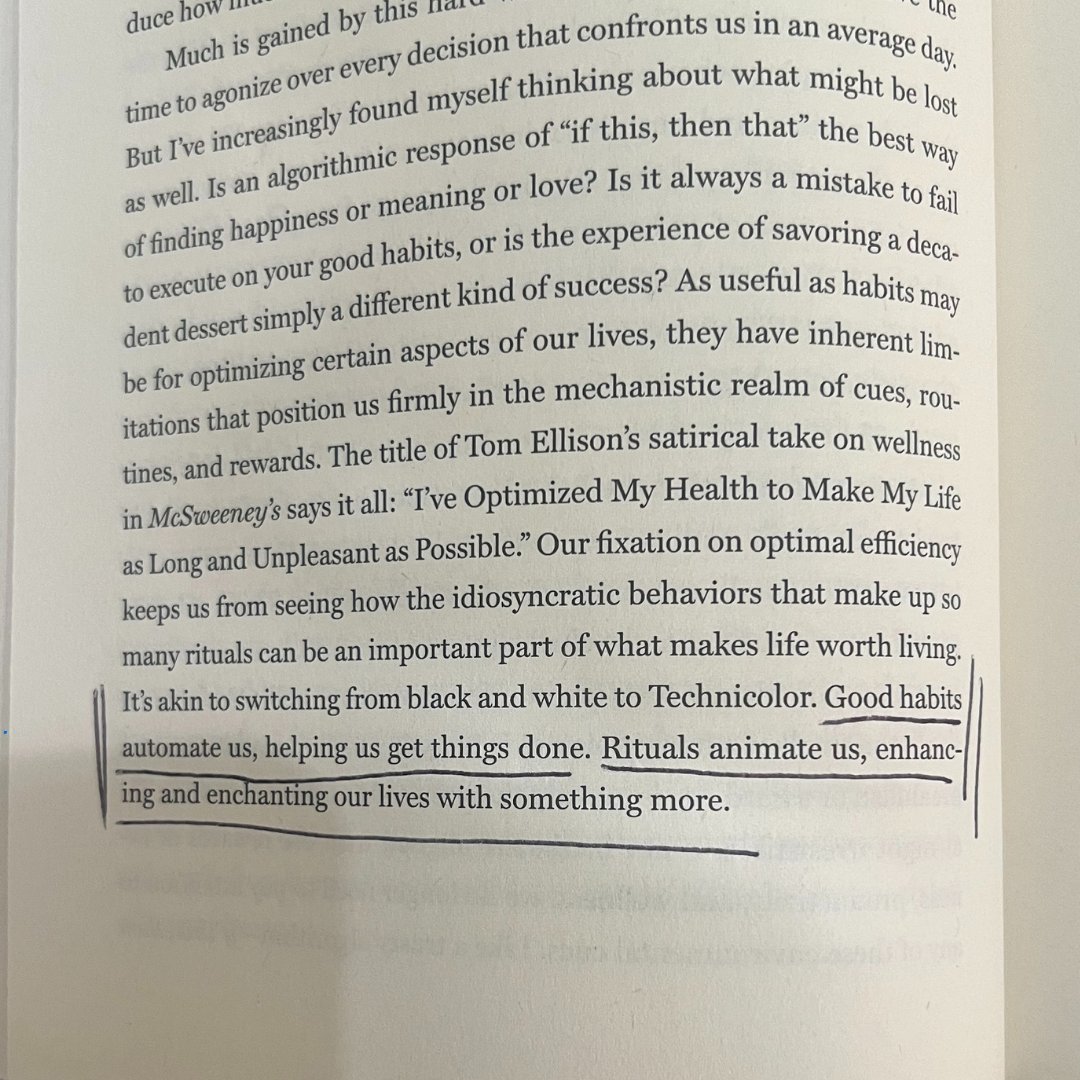 Book quote of the day: 'Good habits automate us, helping us get things done. Rituals animate us, enhancing and enchanting our lives with something more.” - The Ritual Effect by @michaelinorton
