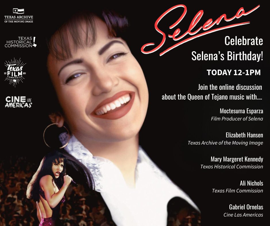 In honor of Selena's birthday today, we are excited for a virtual discussion about her legacy 💜 Join @texasarchive, @Texasfilmcomm @cinelasamericas @txhistcomm and the producer of the biopic 'Selena'! TODAY 12-1pm FREE, must register Click here: loom.ly/s3Jnsu8